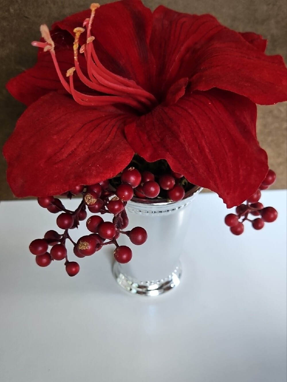 Red Amaryllis - Silver Mini Vase with Red Floral Spray. Holiday or Everday Decor